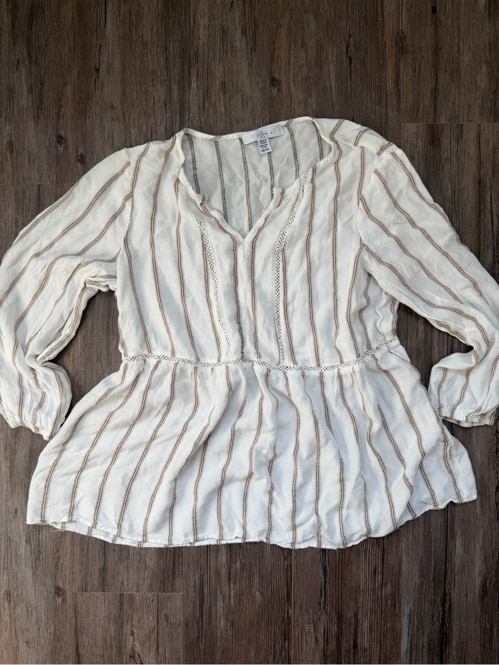 Fever Cream Peplum Tunic with Brown Pintuck Stripes